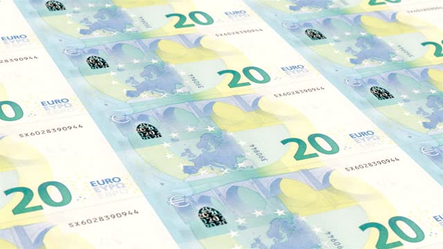European Union Euro Banknotes 20 Banknotes Money Printing House, Printing Twenty Euro Banknotes, Printing Press Machine Print out Euro Banknotes, Being printed by currency press machine 20 Euro Banknotes banknote Observe and Reserve Side - Seamless Loop