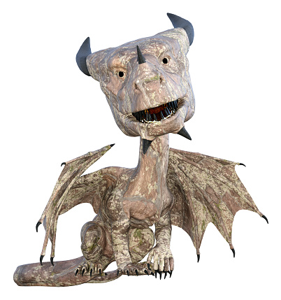 3d illustration of a happy dragon with a large head and camo skin sitting while isolated on a white background.