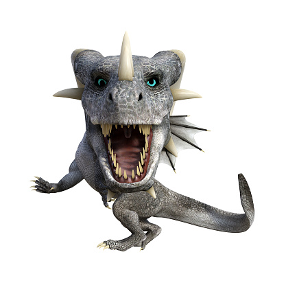 3d illustration of a small winged blue eyed horned tiny dragon with stone texture skin and open mouth.
