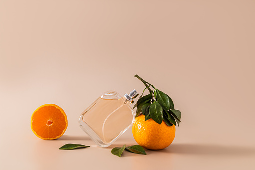 A beautiful transparent bottle of a cosmetic product leans on a fresh tangerine fruit. Front view. feminine and masculine essence. Beauty concept