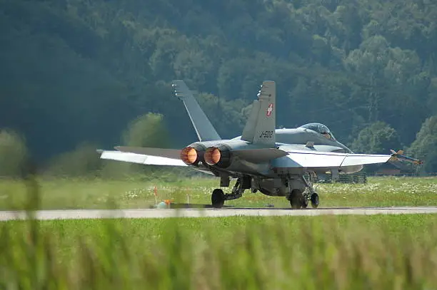 Swiss Airforce Fighterjet taking off with full aferburner