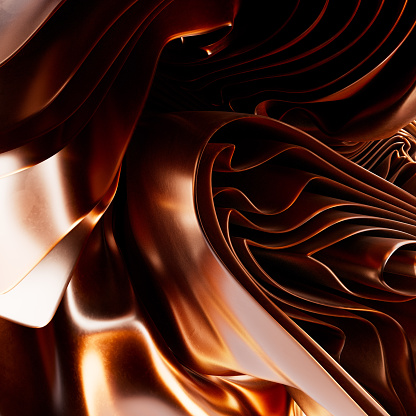 abstract modern copper color background, folded ribbons macro, fashion wallpaper with wavy layers and ruffles