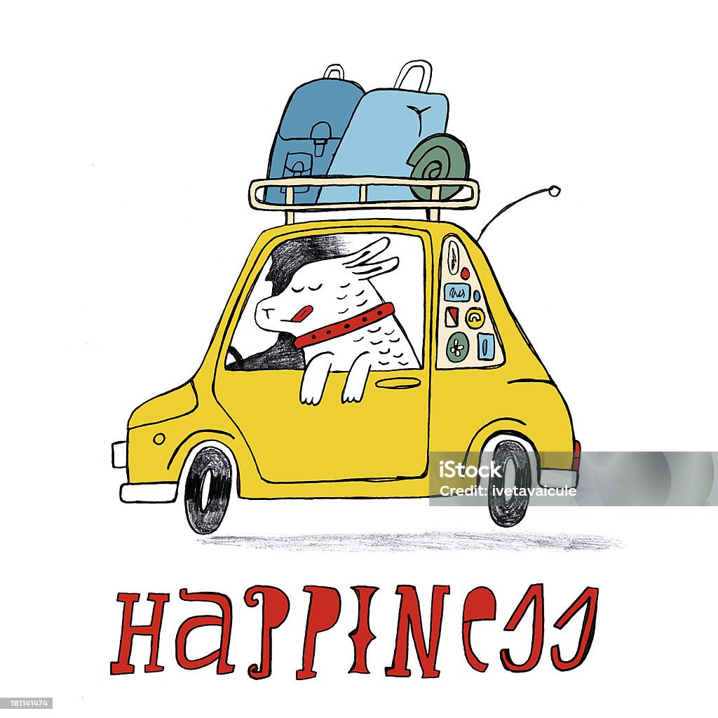 Man and dog travelling in the vintage looking car Image of hand drawn happy dog in the car Car stock illustration Man and dog travelling in the vintage looking car Image of hand drawn happy dog in the car Car stock illustration