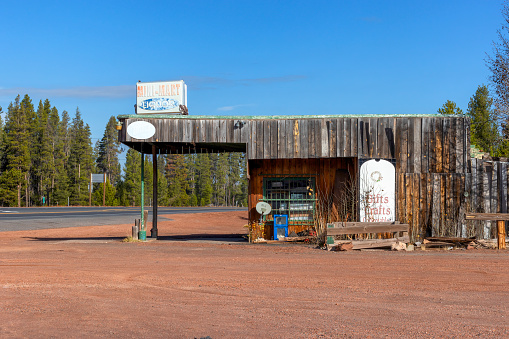 Diamond Lake Junction, Oregon, USA - October 22,2023:  Old mini mart is decaying condition in this high desert location along highway 97.