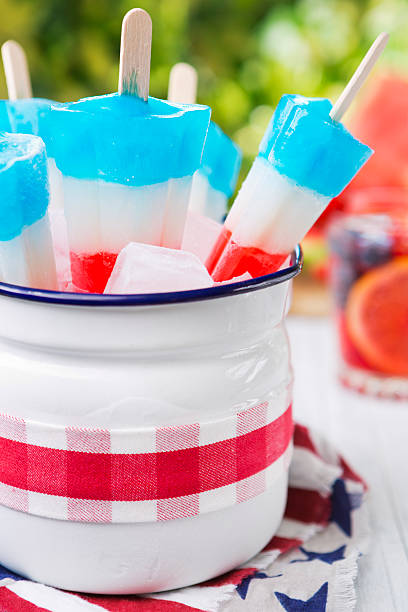 istock Red-white-and-blue popsicles on an outdoor table with summer drinks 181142743