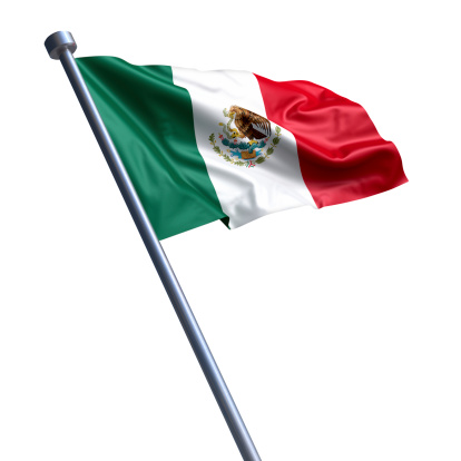 Three Mexican national flags waving in the wind. vertical tricolor of green, white, and red with national coat of arms in the center of the white stripe. 3D illustration render. Rippled textile