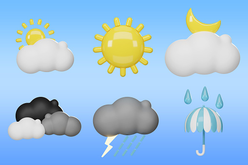 3D weather icons set,Cloud ,Sun , Umbrella with raindrops, Drizzle isolated on white background. Clipping path