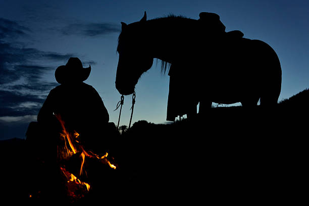 kowboj ognisko obozowe sylwetka - rein saddle cowboy hat hat zdjęcia i obrazy z banku zdjęć