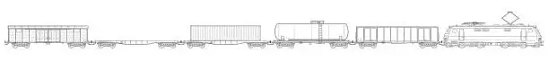 Vector illustration of Modern cargo train with multiple cars - outline vector stock illustration.