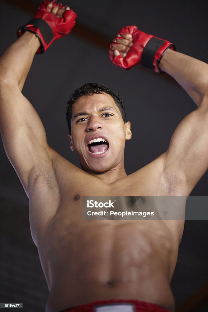 Yes! I'm the champion! A young fighter with his arms raised in victory after winning a fight Active Lifestyle Stock Photo