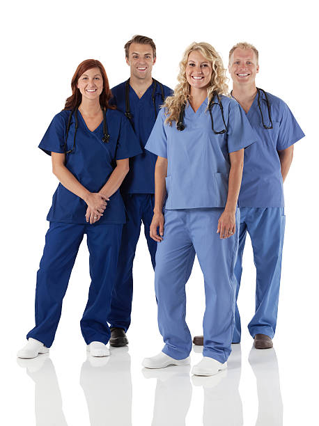 istock Medical professionals team posing against white 181144929