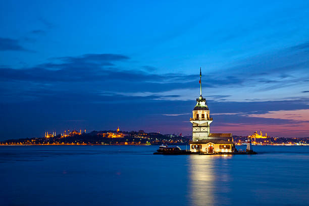 Maiden Tower, Istanbul/Turkey The night view of Maiden Tower and Bosphorus in Istanbul/Turkey golden horn istanbul photos stock pictures, royalty-free photos & images