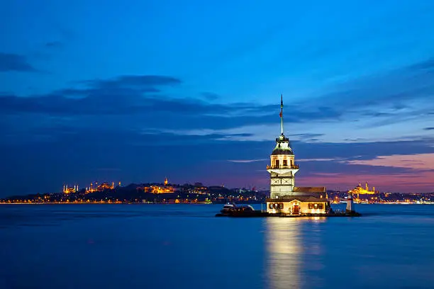 The night view of Maiden Tower and Bosphorus in Istanbul/Turkey