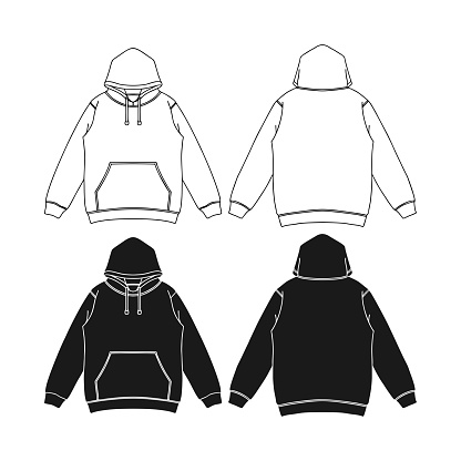 Template blank flat Black hoodie. Hoodie sweatshirt with long sleeve flatlay mockup vector illustration flat design outline
