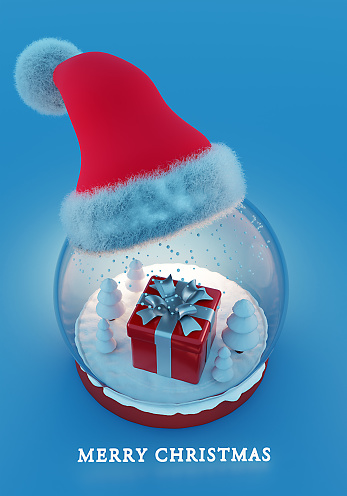 Merry Christmas and New Year greeting card. 3d illustration with Christmas Hat and Gift in a glass ball.