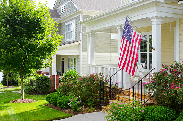 Porch with an American Flag stock photo