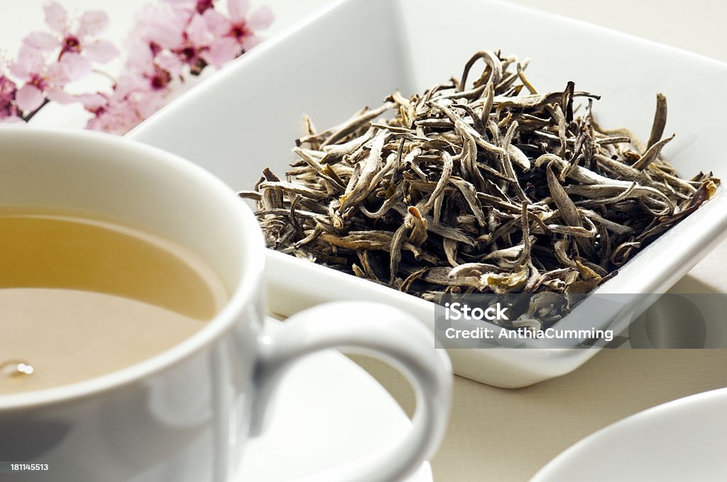 Ziołowe jasmine Zielona herbata liście i filiżanką herbaty - Zbiór zdjęć royalty-free (Herbata jaśminowa)