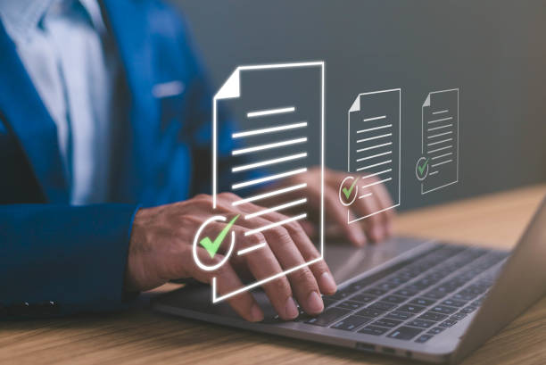 istock Document checklist management, businessman choose checkmark exam question application, report form file check quality option list agreement, online marketing technology, Online survey by laptop. 1811457345