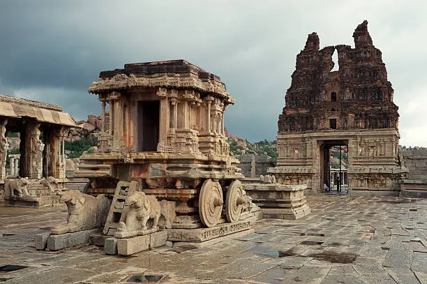 Ancient stone chariot shaped Hindu religious temple Kallina Ratha in the Vittala complex at Hampi India