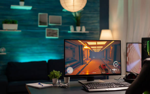 istock Close up of empty gaming home studio with neon lights 1811460751