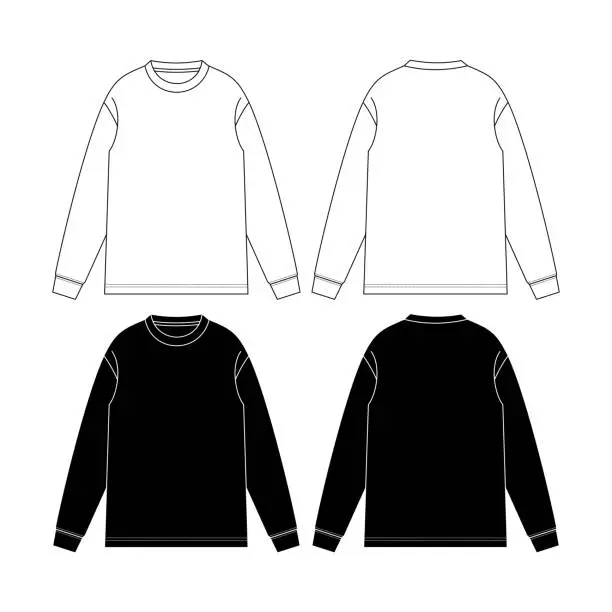 Vector illustration of Long Sleeve Shirt fashion flat tehnical drawing template. Unisex T-Shirt fashion template, crew neck, long sleeve, front and back view, white colour, women, men, CAD mockup.