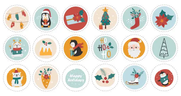 Vector illustration of Collection of Christmas round stickers for gift labels