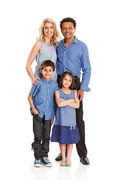 Portrait of happy Caucasian family smiling together on a white background