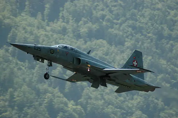 Swiss Airforce Fighterjet fly by after take off