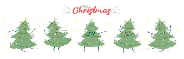 Vector illustration of Congratulatory long web banner with kawaii doodle Christmas tree dancing. Children's handmade naive style. Simple New Year character happy spruce