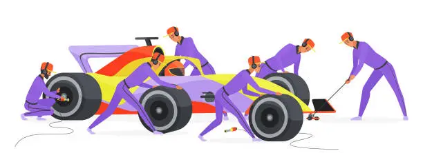 Vector illustration of Pit stop crew at work to change tire of car, repair and support service team service