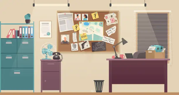 Vector illustration of Office room for private detective or police investigator, interior with desk and board