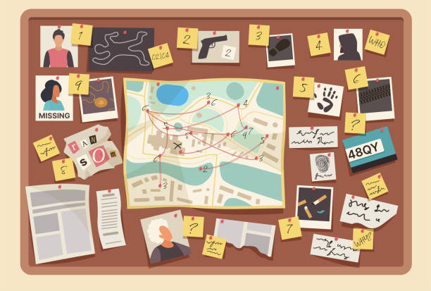 Detective pinboard with evidences on wall of police office with victim photo, map Detective pinboard with evidences vector illustration. Cartoon information board on wall of police office with victim photo and pictures, paper map and red string, evidences to investigate murder detective wall stock illustrations