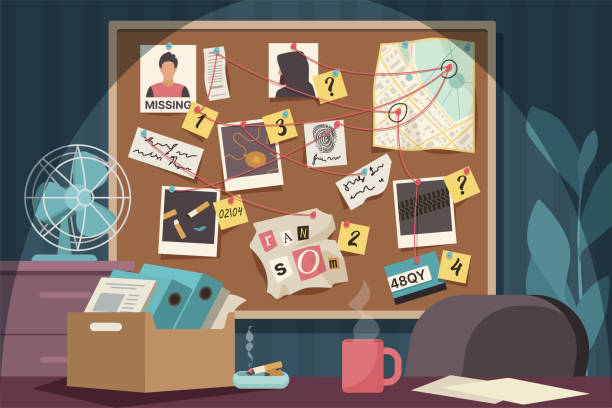 Evidence board in police office, detectives room with desk, investigation elements Evidence board in police office vector illustration. Cartoon interior of detectives room with desk, board on wall with elements of investigation connected by red thread to investigate murder case police evidence box stock illustrations