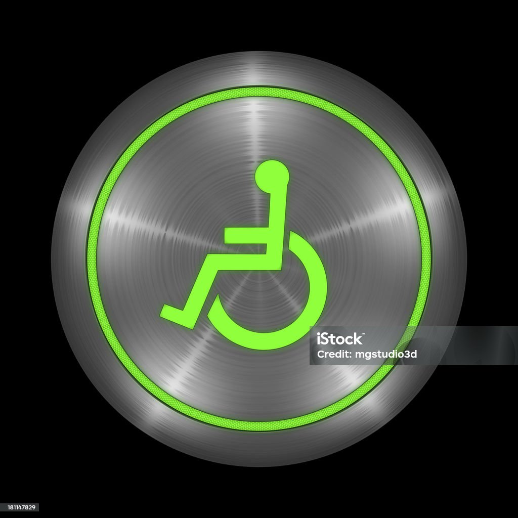 Wheelchair Button Green & Chrome Wheelchair Button on Black background with Clipping Path Accessibility Stock Photo