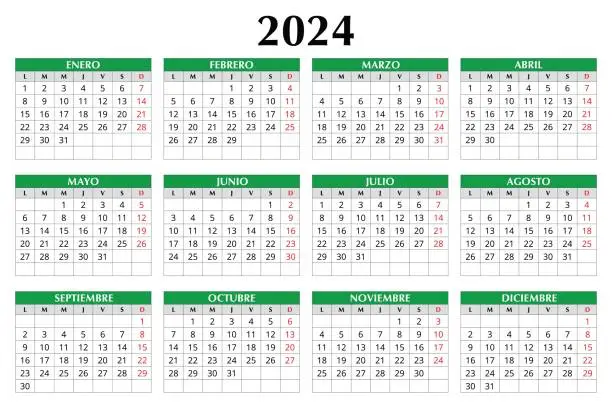 Vector illustration of 2024 year spanish calendar. Vector template illustration in Spain. Horizontal