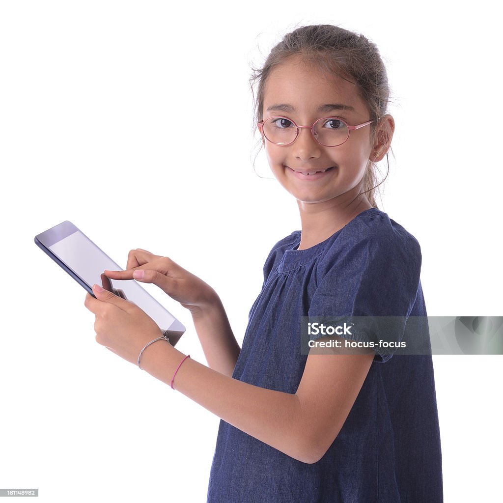 Hijo con tablet pc con - Foto de stock de Fondo blanco libre de derechos