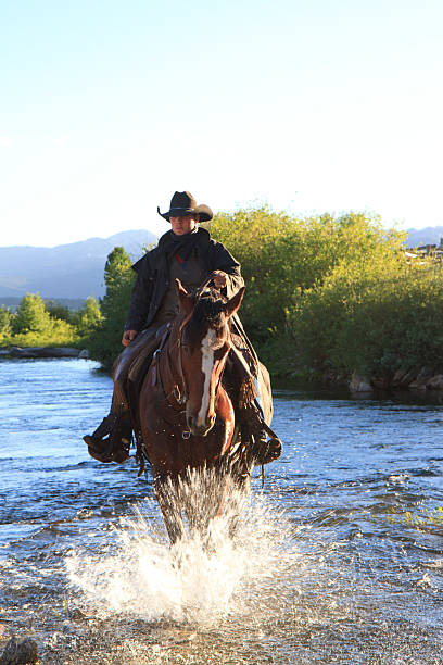 istock Cowboy Riding  Horse Through a Creek 181149039