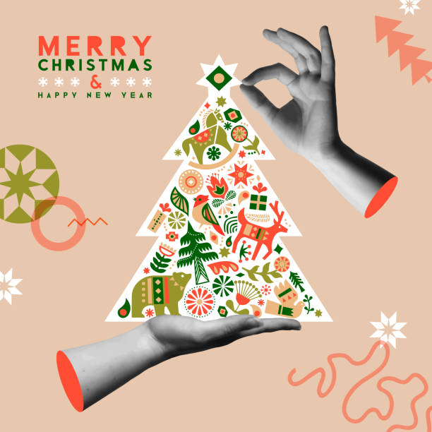 Merry Christmas and Happy New Year greeting card vector illustration. Human hand holding colorful pine tree shape with scandinavian folk art icons. Trendy halftone collage mixed media 90s style. Includes reindeer, bear and pine trees.