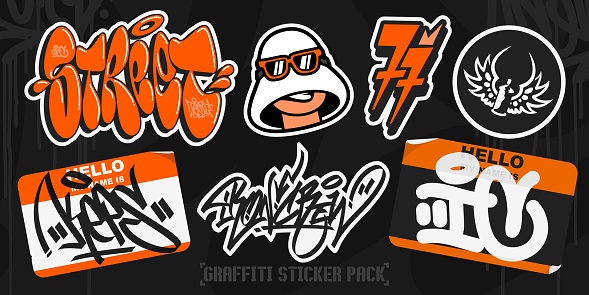 Orange Abstract Colorful Urban Graffiti Style Sticker Bombing With Some Street Art Lettering Set