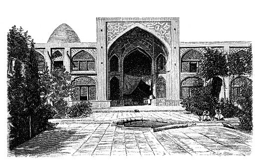 The court of a Persian khan for merchants in Tehran
