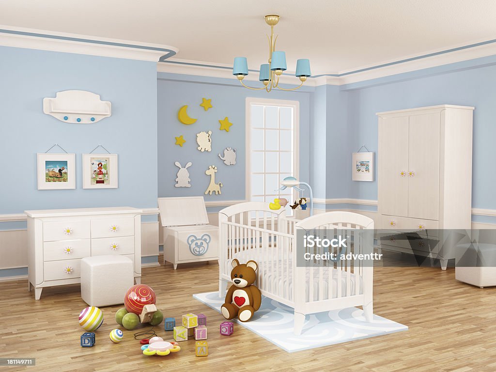 Nursery room (Blue) Nursery room decorated with white elegant furnitures. Artworks on the walls are my own illustrations. Nursery - Bedroom Stock Photo