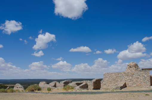 The San Buenaventura Mission stands on top of a knoll in the Gran Quivira ruins in central New Mexico.  Gran Quivira is one of three distinctive parts of the Salinas Pueblo Missions National Monument and was once home to a thriving community.  One pueblo structure with 227 rooms dates back to around 1275 AD, and with successive Spaniards bringing their faith to the area, Gran Quivira remained inhabited until 1672, when disease, drought and Apache raids led to its abandonment.