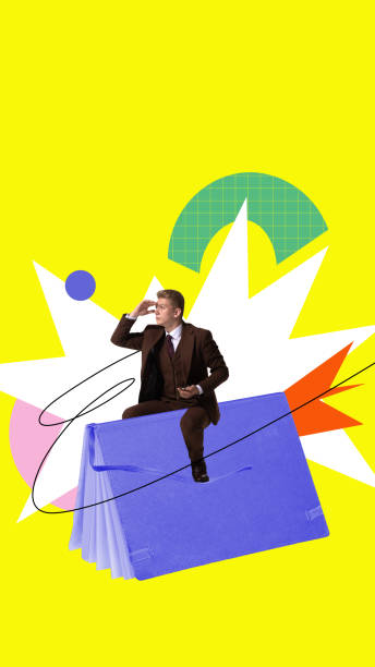 istock Young man in a suit riding on book, looking for opportunities and innovation. Studying for skill growth. Contemporary art collage. 1811503238