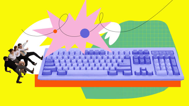 istock Young people, employees stepping on computer keyboard, growing professional skills with new information. Contemporary art collage. 1811503246