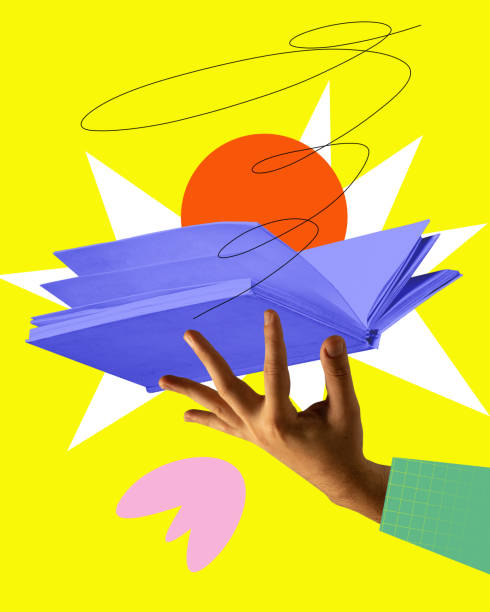 istock Human hand holding open book as symbol of endless knowledge resource over yellow background. Contemporary art collage. 1811503273
