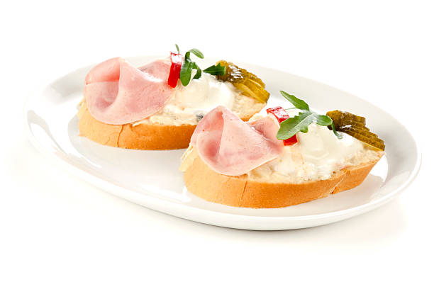 open sandwiches with ham and egg - skink och potatissallad bildbanksfoton och bilder