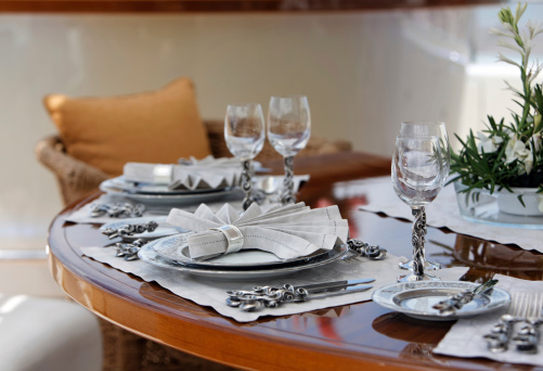 Very refined dining table on a luxury boat.