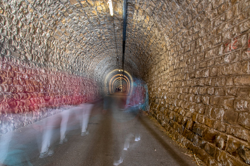 beautifully lit tunnel of Parenzana railway, Strunjan, Slovenia, long exposure
