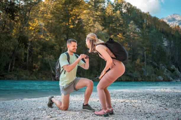 Caucasian Couple's Proposal by the River