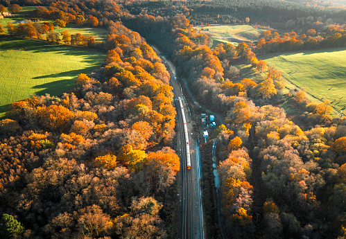 Aerial view, taken by drone, depicting a commuter train traveling through a beautiful autumnal landscape in the countryside of southeast England. The train is flanked by golden autumn forest, with agricultural fields beyond.
